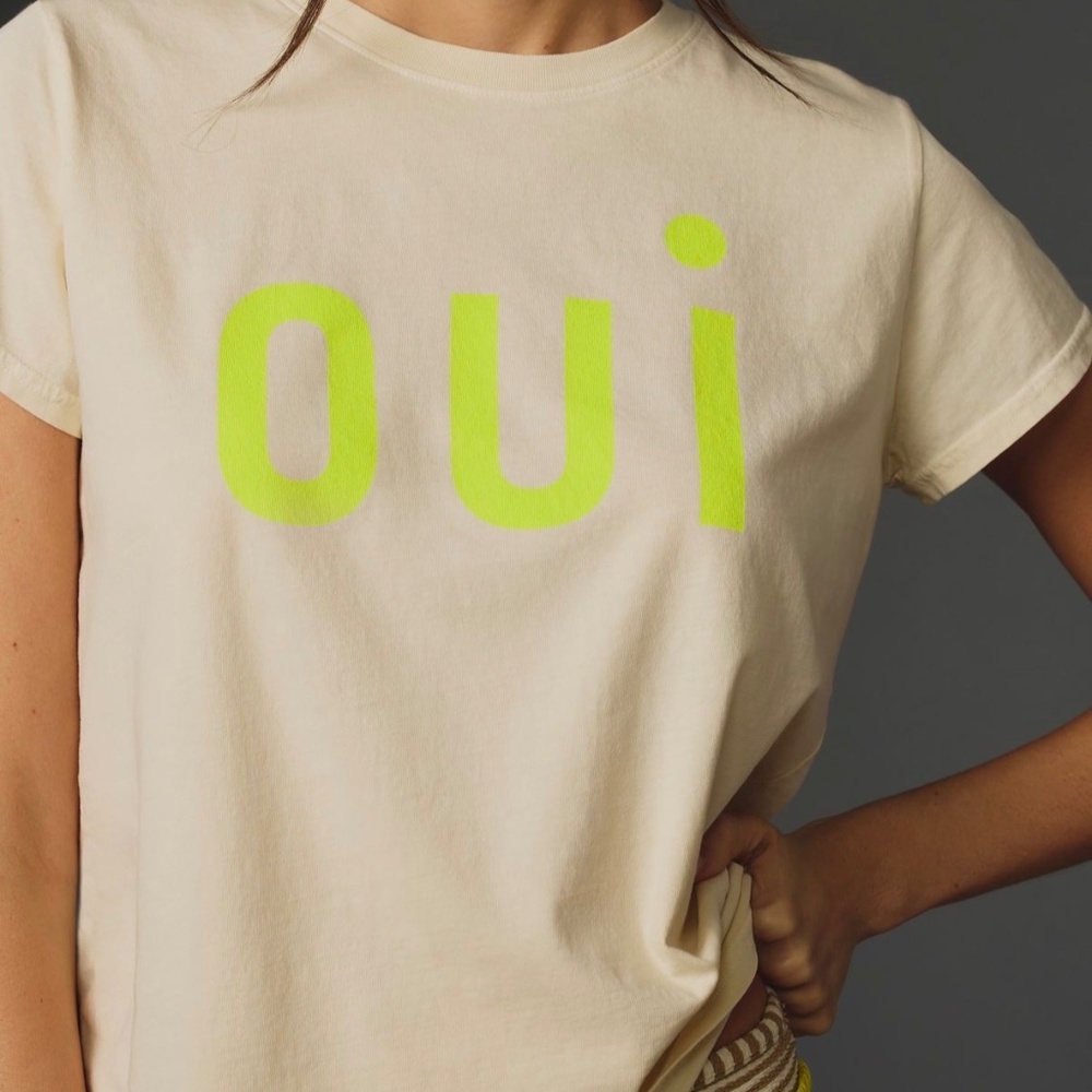Clare V. Oui Classic Tee, Size M in White with Fluorescent Yellow Writing